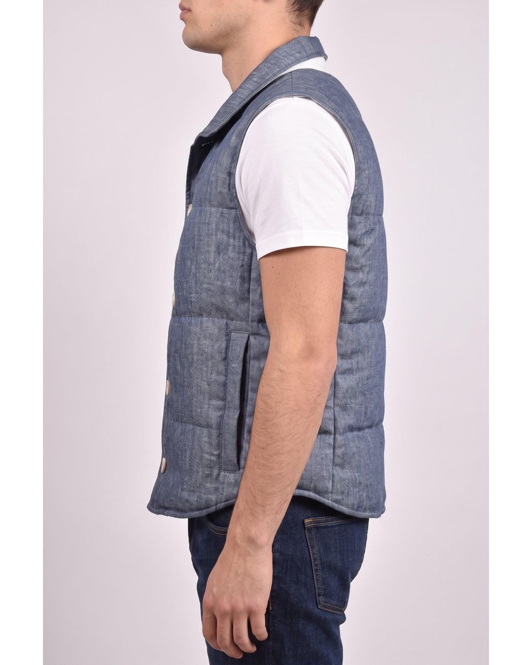 Brunello Cucinelli Blue Linen Button Down Vest for men