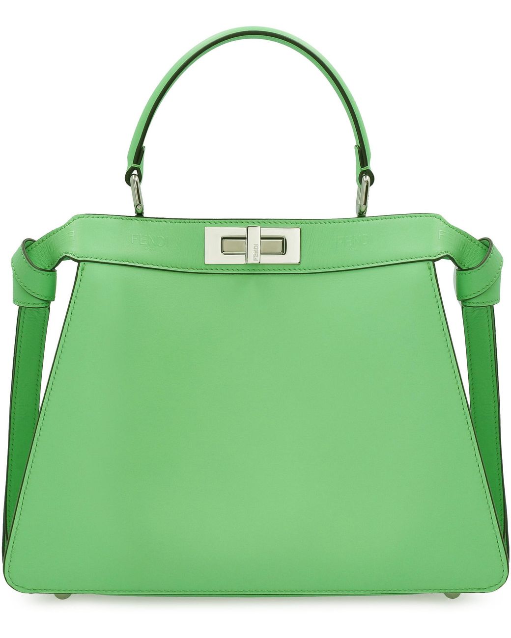 Fendi Green Leather Handbag With Metal Double Turn Lock And Removable Shoulder Strap