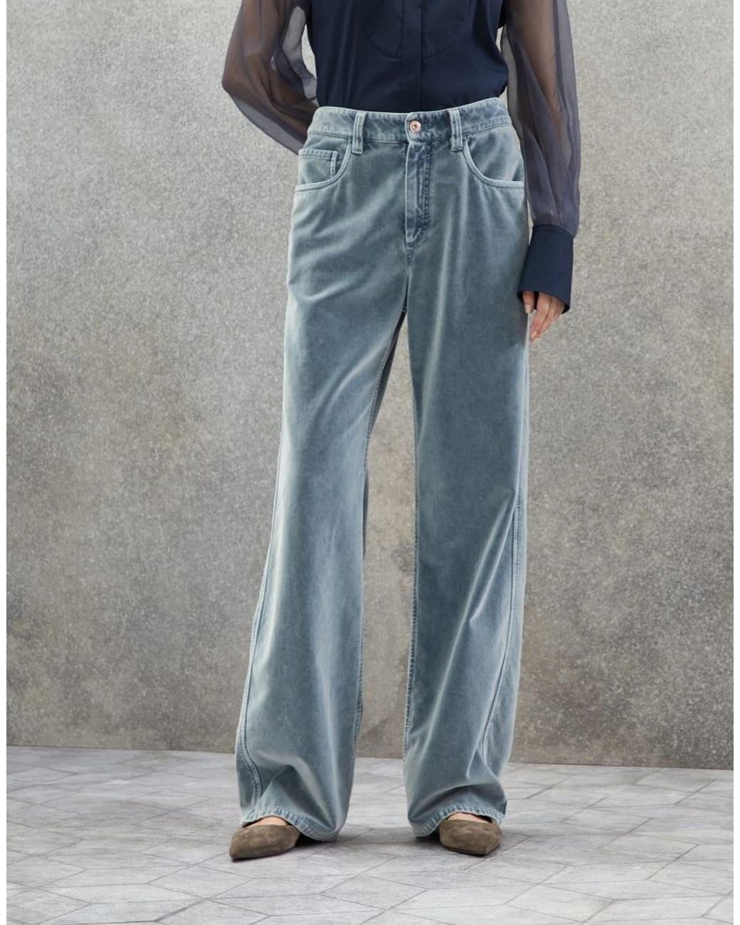 Brunello Cucinelli Blue Velvet Wide Leg Cotton Trousers