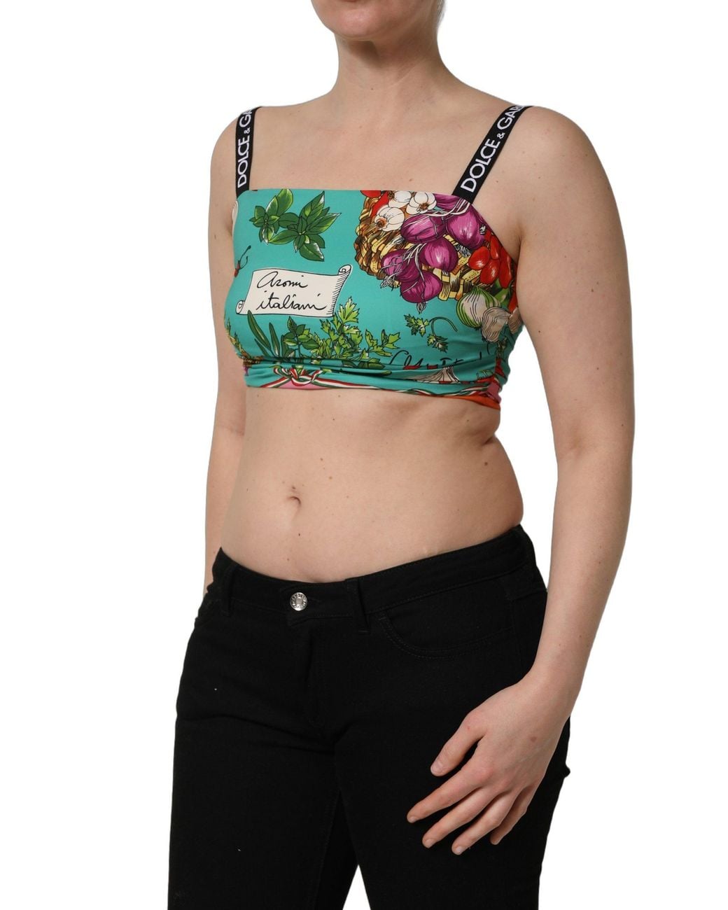 Dolce & Gabbana Green Vegetable Print Silk Crop Tank Top Elastane