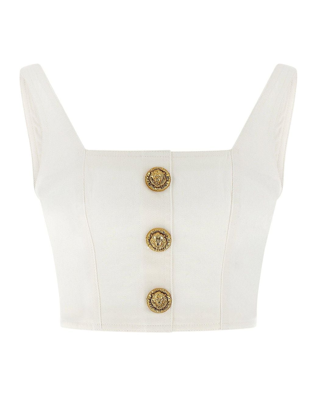 Balmain White Lion-Head Button Cotton Canvas Tank Top