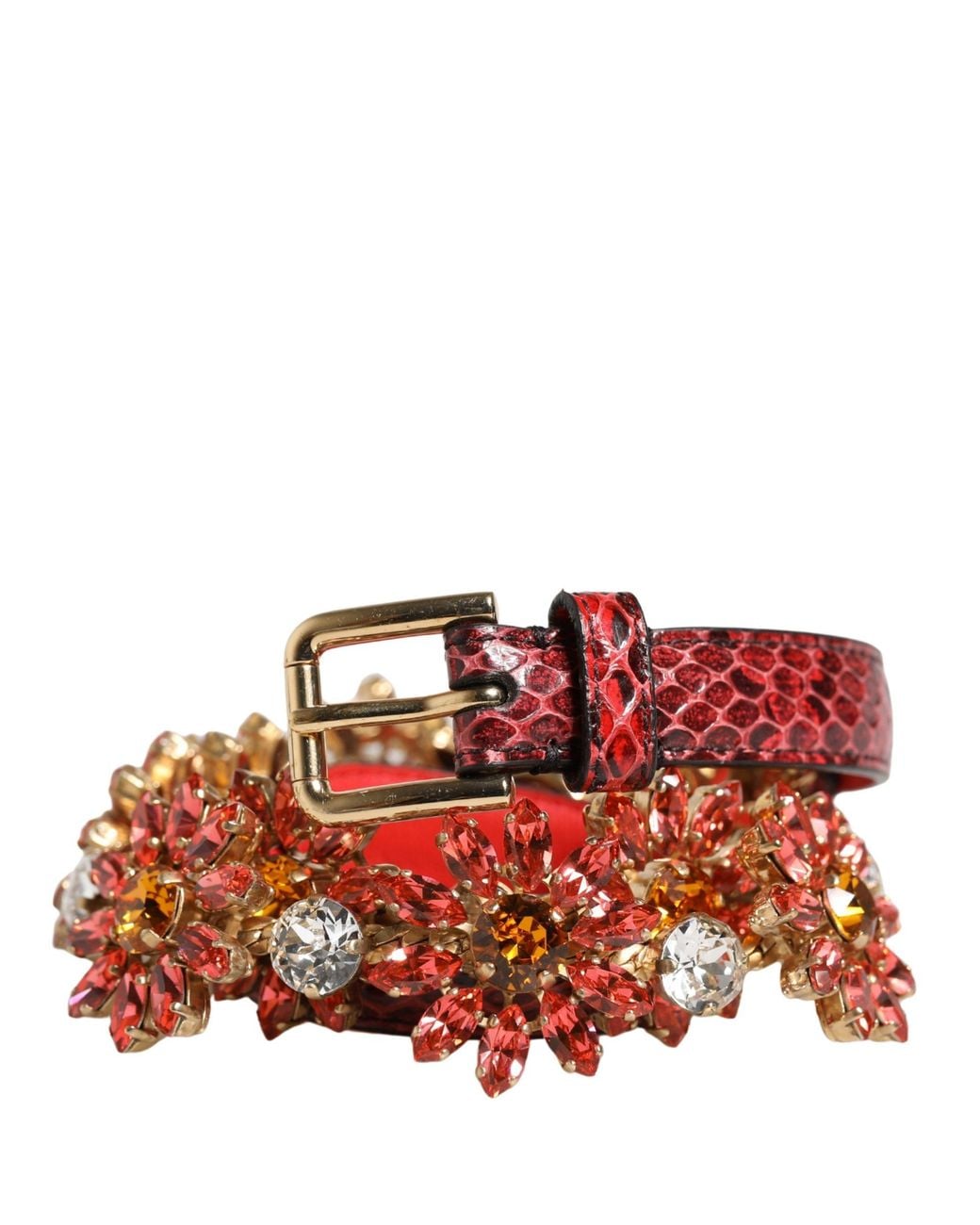 Dolce & Gabbana Red Leather Daisy Crystal Embellished Waist Belt Cristal Real Brass Ayers
