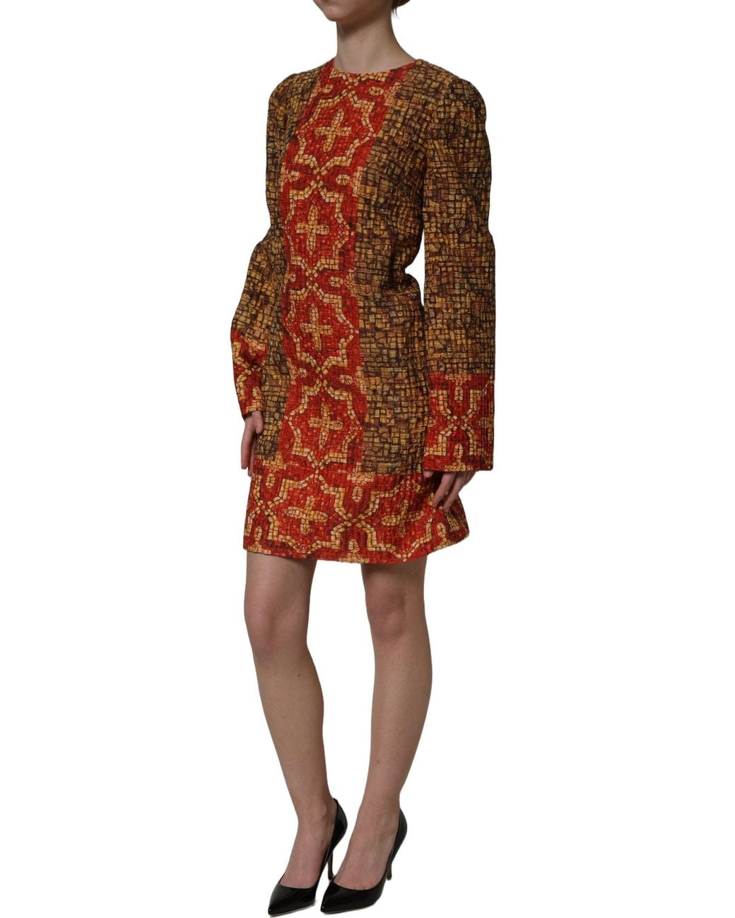 Dolce & Gabbana Orange Dolce & Gabbana Mosaic Print Wool Dress