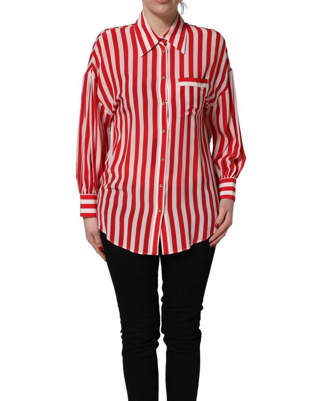 Dolce & Gabbana Red Striped Long Sleeve Silk Blouse Top And