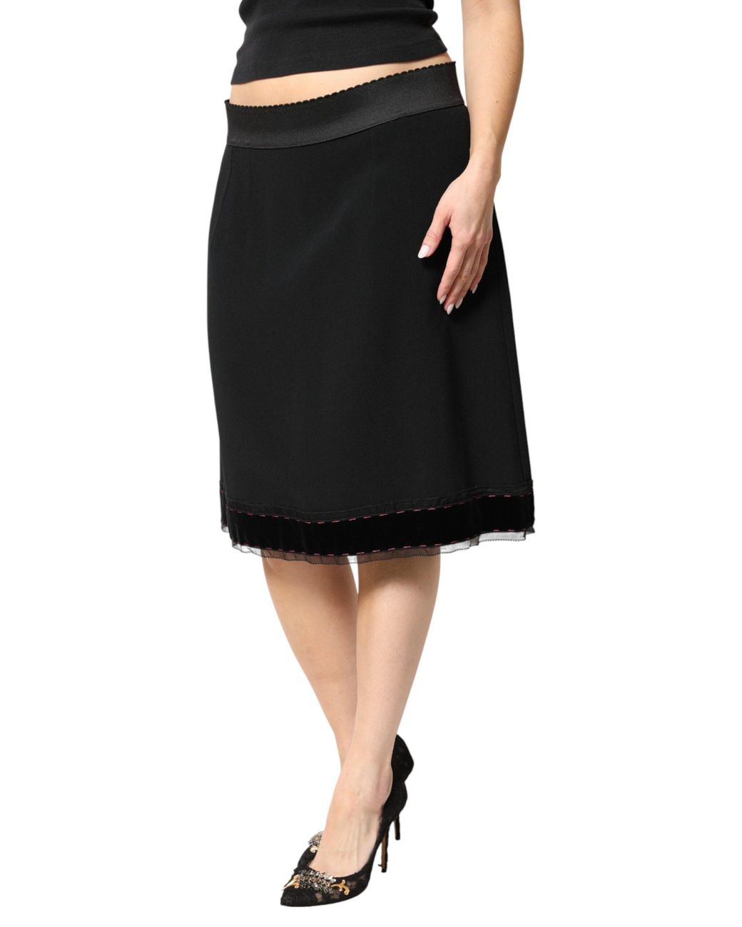Dolce & Gabbana Black Mid Waist A-Line Knee Length Skirt