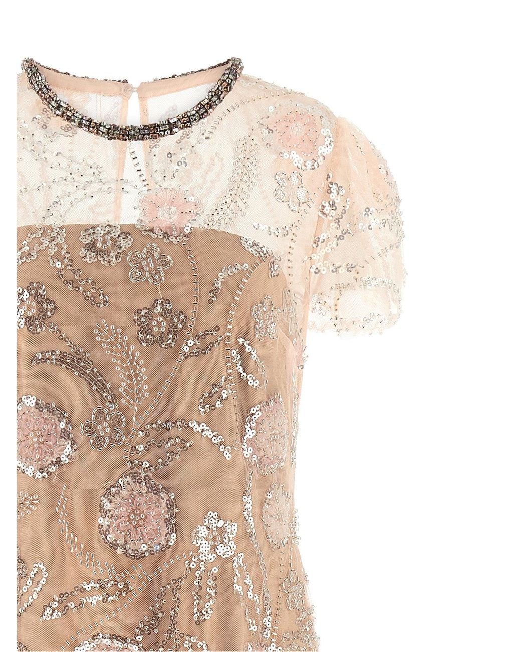 Self-Portrait Natural Sequin Floral Embellished Tulle Dress
