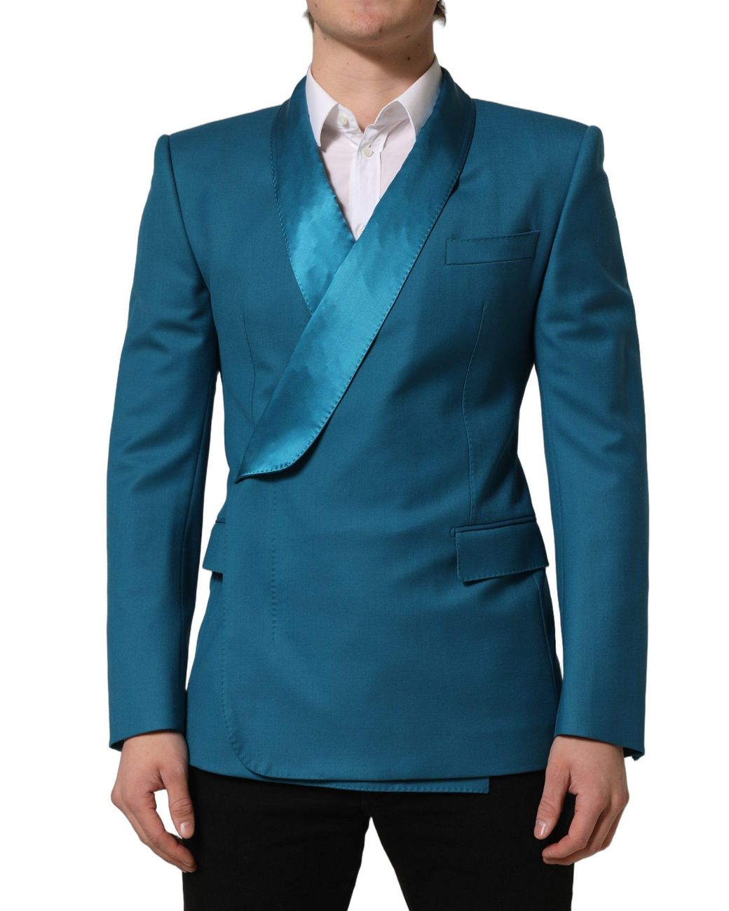Dolce & Gabbana Blue Wool Double Breasted Formal Coat Blazer Silk Polyester Elastane Clothing for men