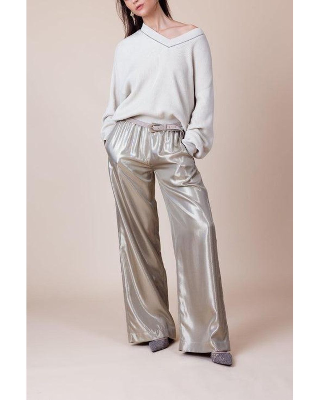 Brunello Cucinelli Natural Ribbed V Neck Sweater