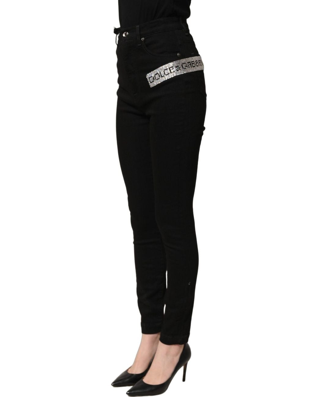Dolce & Gabbana Black Grace Rhinestone Highwaist Denim Jeans Cotton Elastane Clothing