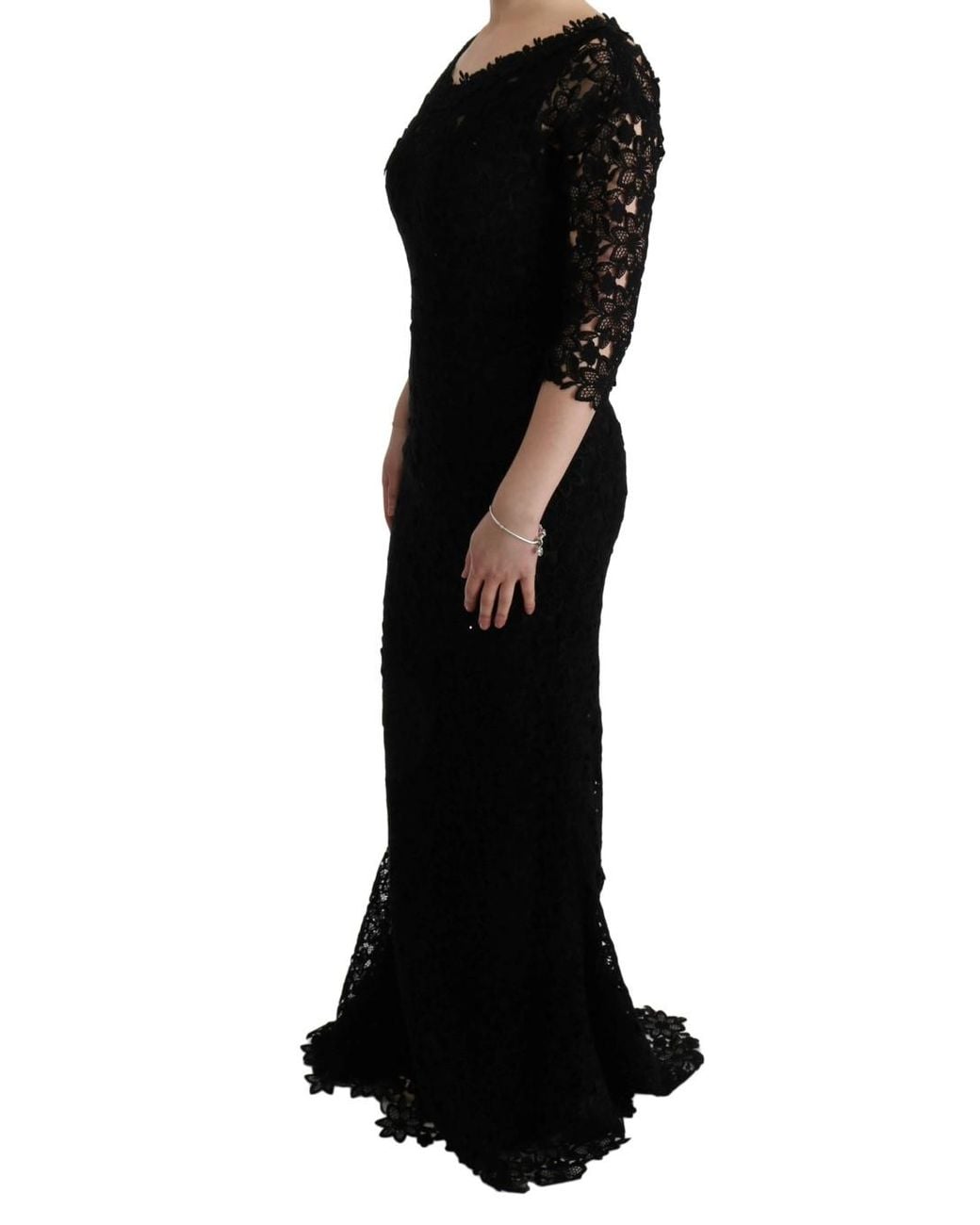 Dolce & Gabbana Black Lace Long Dress Slim Fit Round Neck