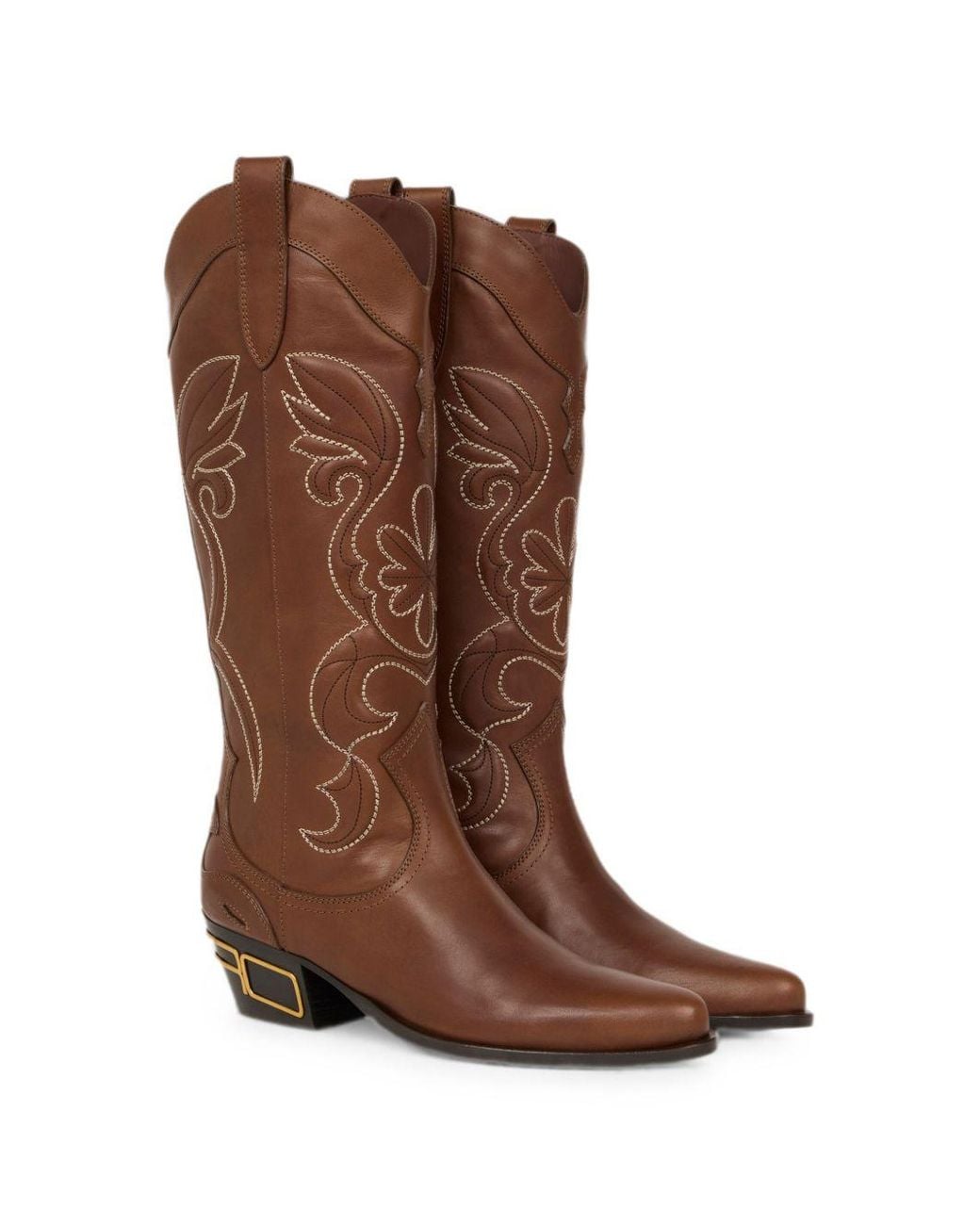 Etro Brown High Smooth Leather Western Boots With Contrasting Topstitching And Metal Logo