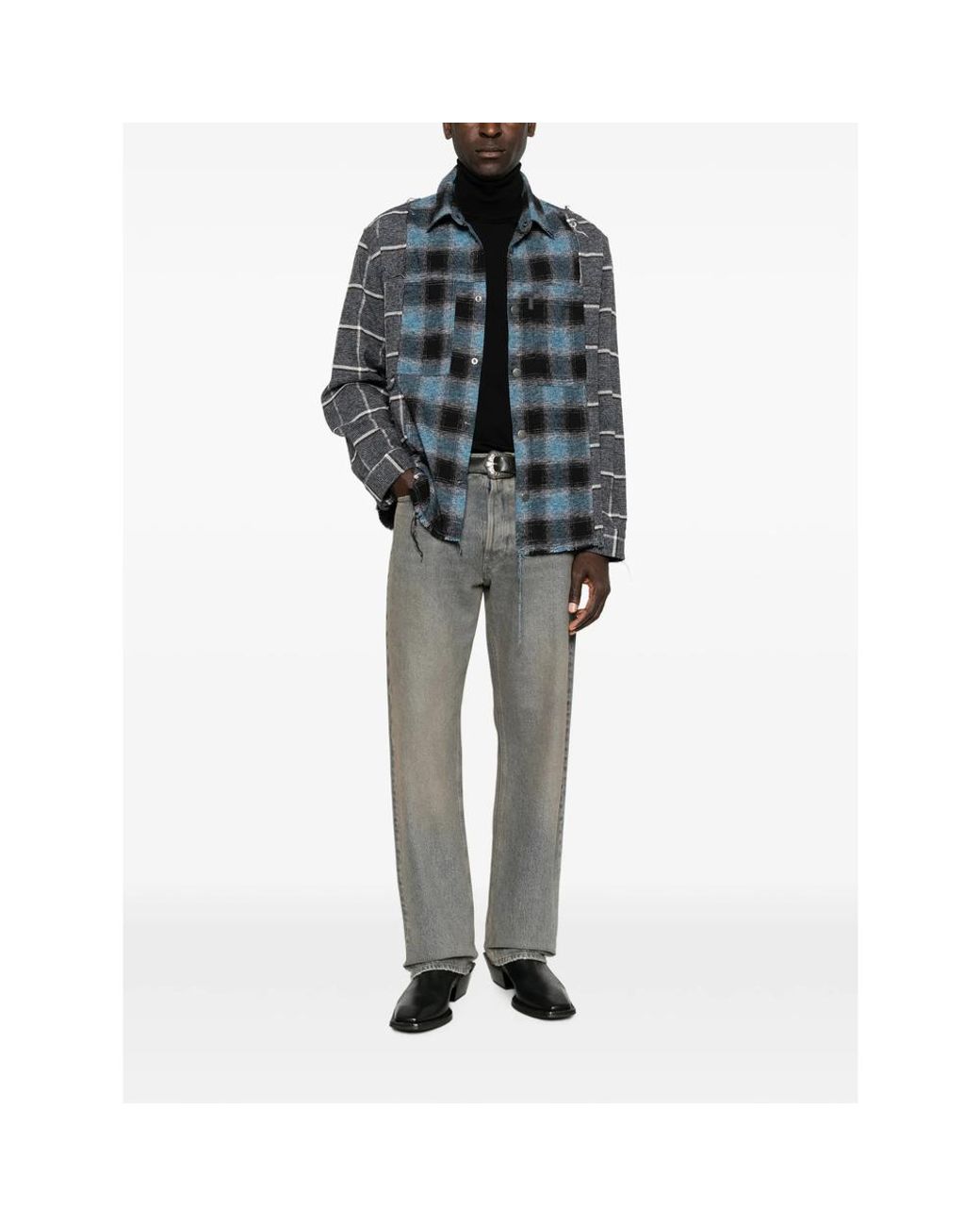 Haikure Blue Check-Pattern Frayed Shirt for men