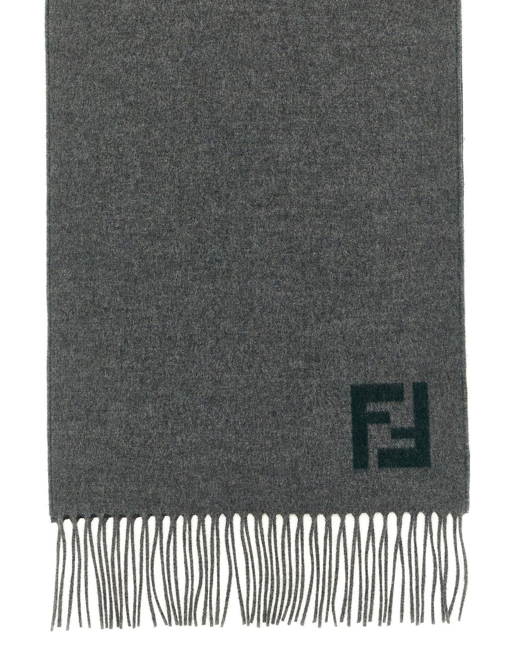 Fendi Gray Double-Sided Wool-Cashmere With Ff Intarsia Scarf