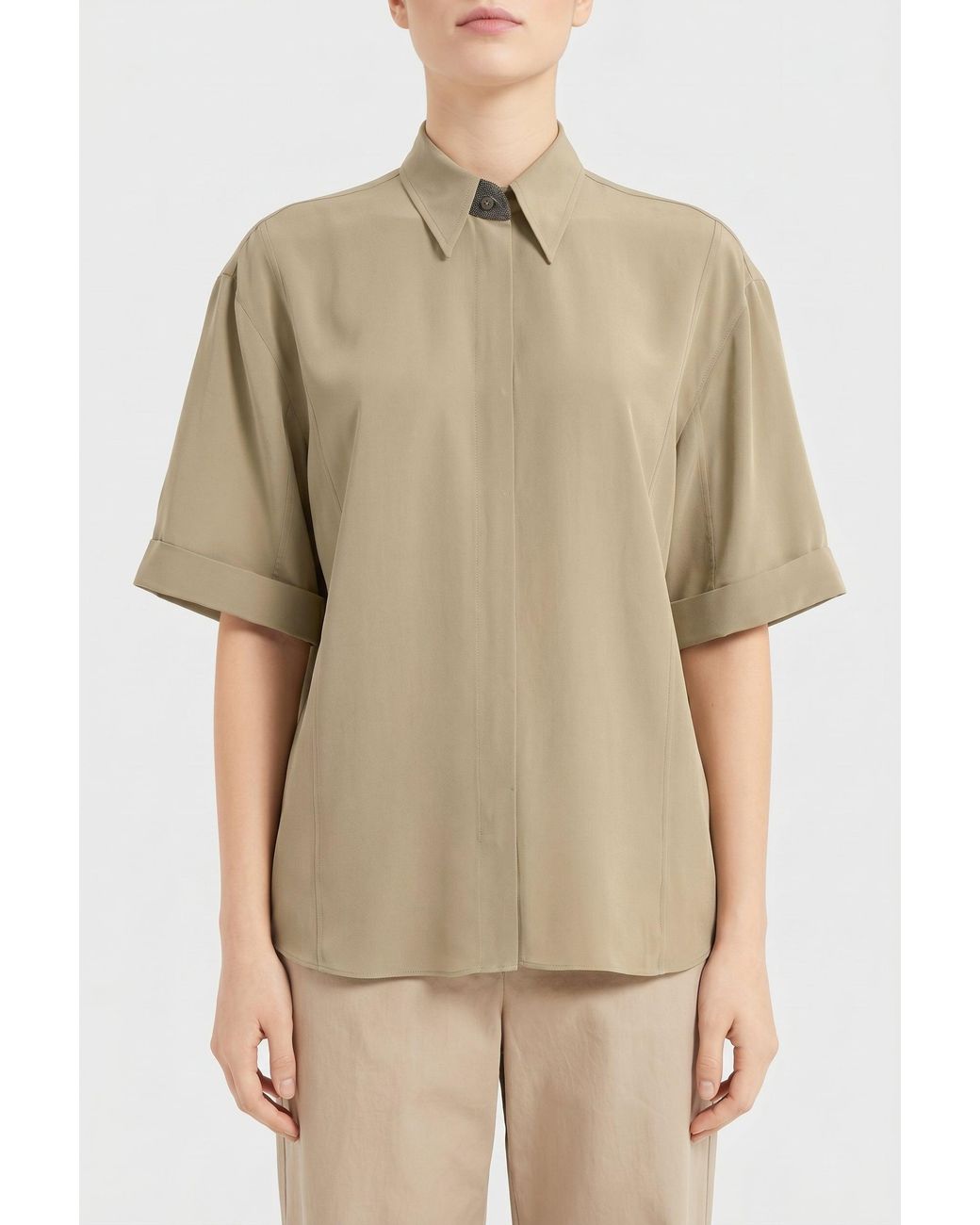 Brunello Cucinelli Natural Light Khaki Silk Shirt