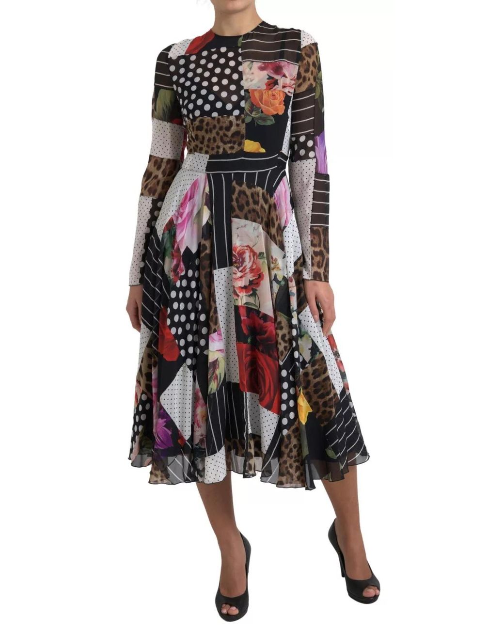 Dolce & Gabbana Black Patchwork Print Midi Dress