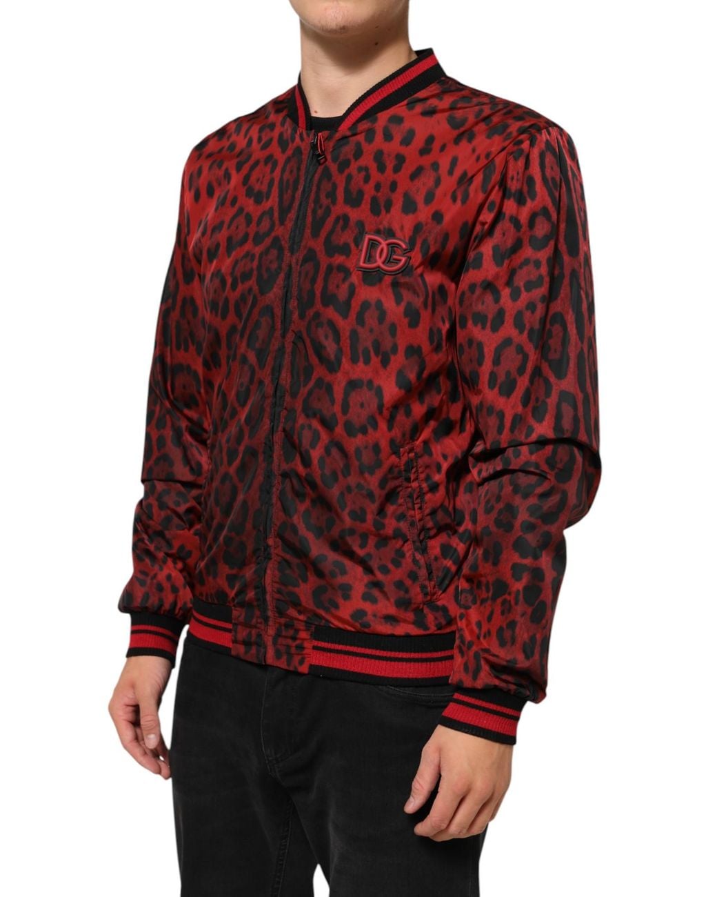 Dolce & Gabbana Red Leopard Print Full Zip Bomber Jacket Clothing for men