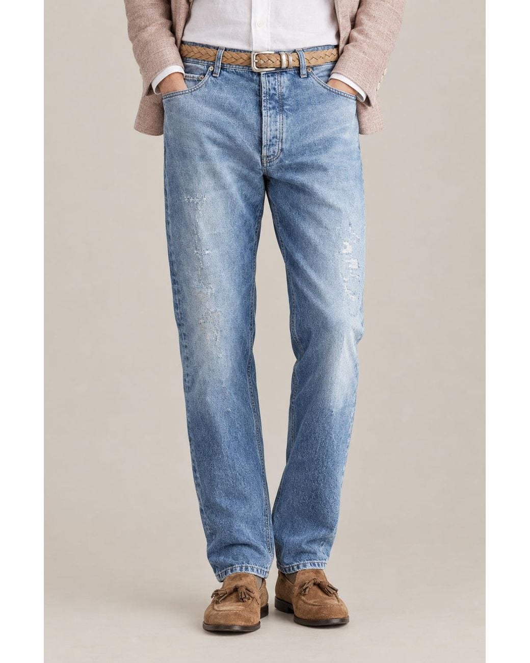 Brunello Cucinelli Blue Distressed Denim Cotton Casual Trousers for men