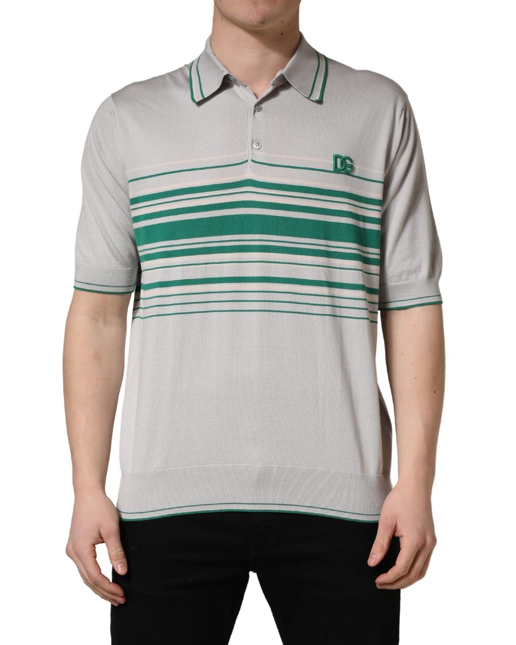 Dolce & Gabbana Gray Green Striped Logo Silk Polo T for men