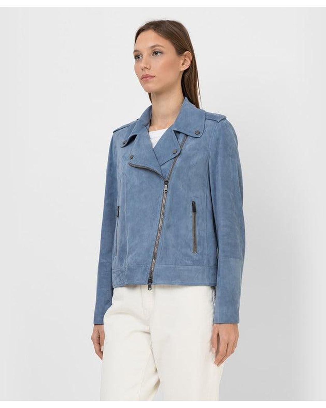 Brunello Cucinelli Blue Leather Biker Jacket