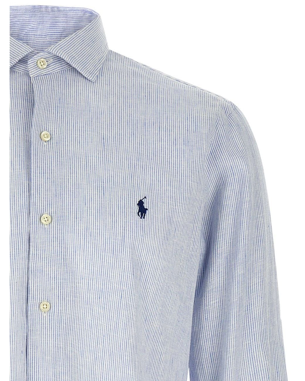 Polo Ralph Lauren Blue Micro-Striped Linen-Cotton Shirt for men