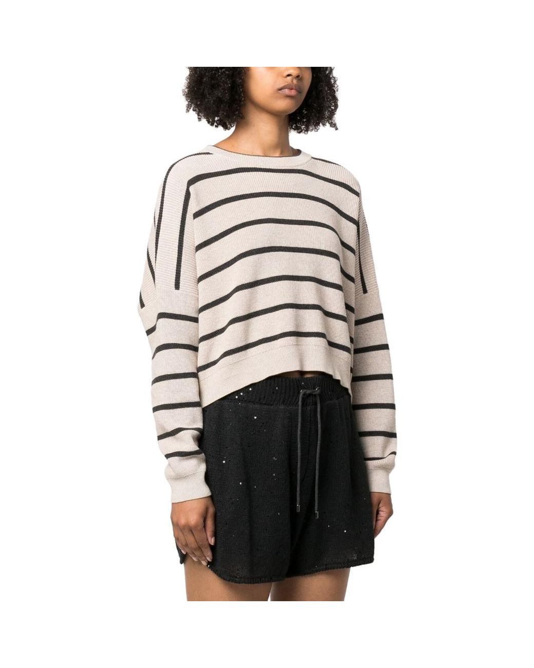 Brunello Cucinelli Black Light Striped Crop Sweater Clothing