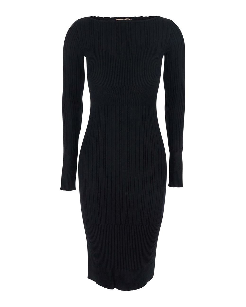 Twinset Blue Long Dress With Boat Neck And Ribbed Design