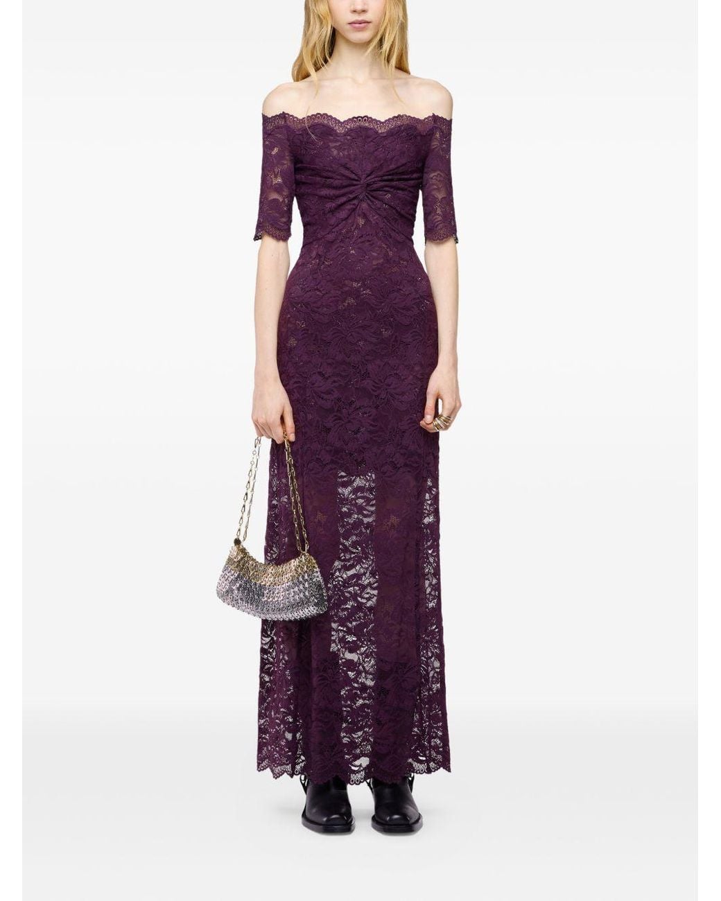 Rabanne Purple Floral Stretch Lace Layered Off-The-Shoulder Short-Sleeved Maxi Dress