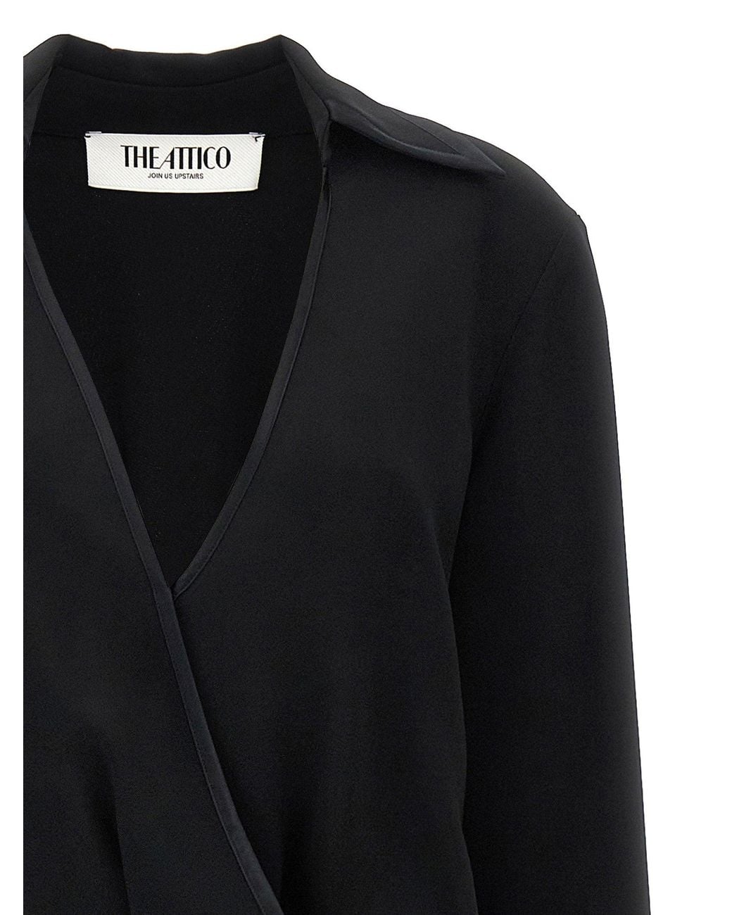 The Attico Black Cady Wrap With Satin Piping Wrap Dress