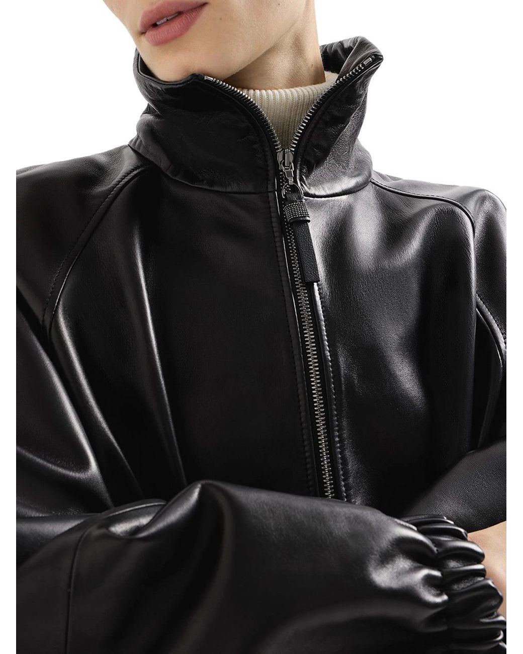 Brunello Cucinelli Black Nappa Leather Bomber Jacket