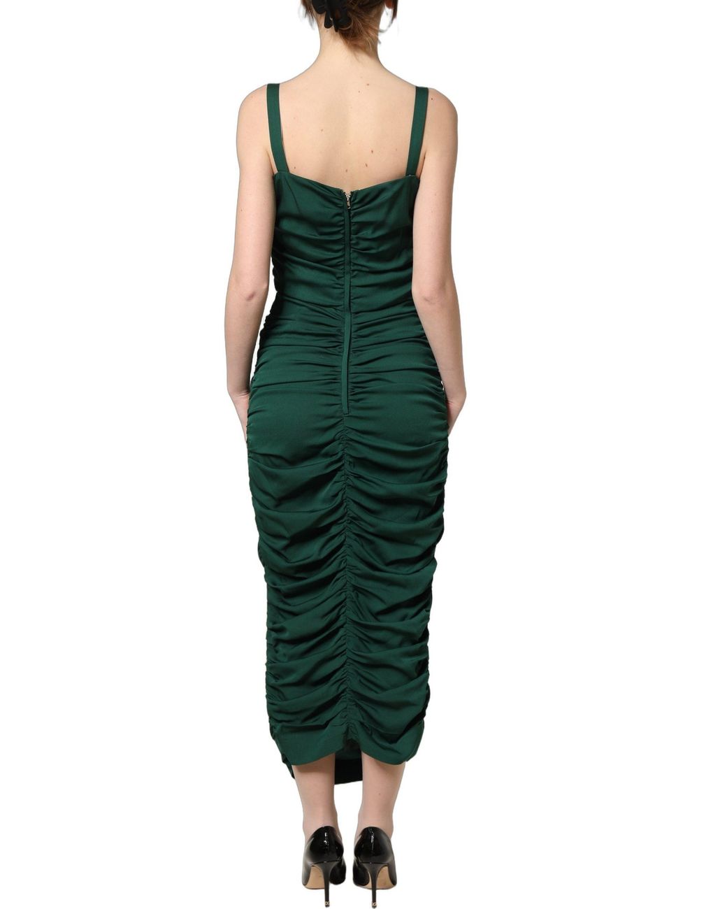 Dolce & Gabbana Green Ruched Sweetheart Bodycon Midi Dress Silk Elastane