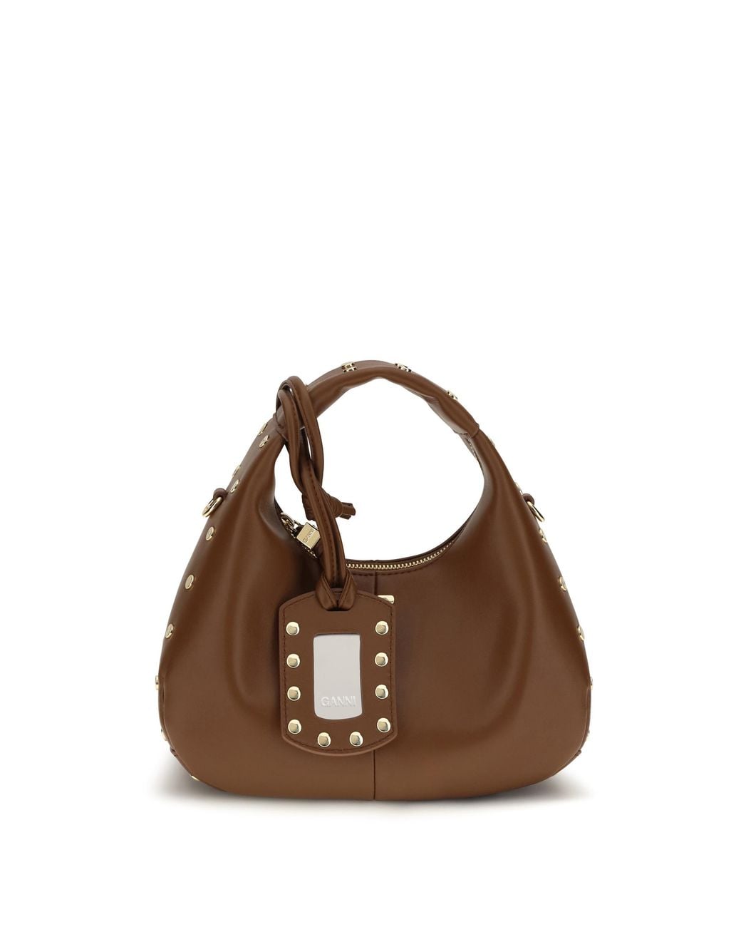 Ganni Brown Mini Studded Hobo Handbag Recycled Leather