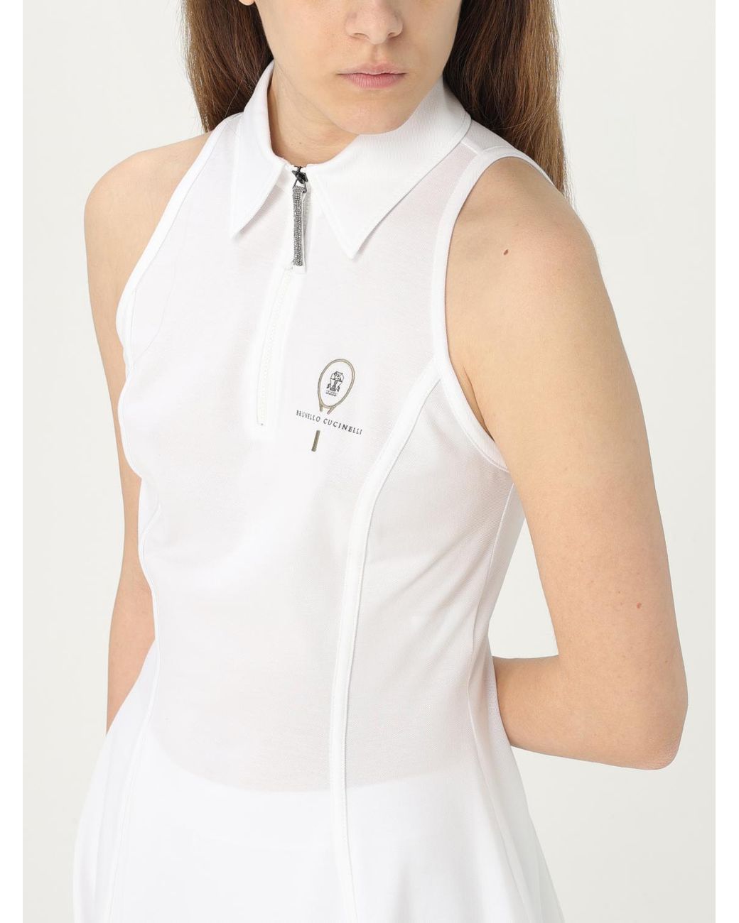 Brunello Cucinelli White Optical Zip Collar Dress