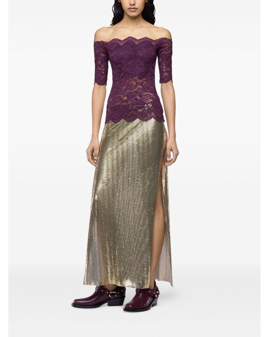 Rabanne Purple Layered Stretch Lace Off-The-Shoulder Short-Sleeved Top