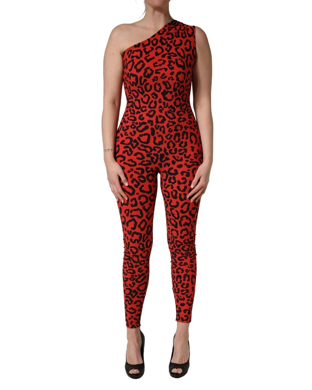 Dolce & Gabbana Red Nylon Leopard Pattern Jumpsuit And Elastane