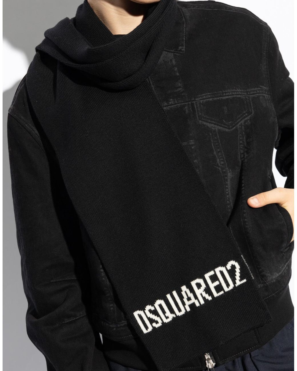 DSquared² Black Logo Intarsia Knit Wool Scarf for men