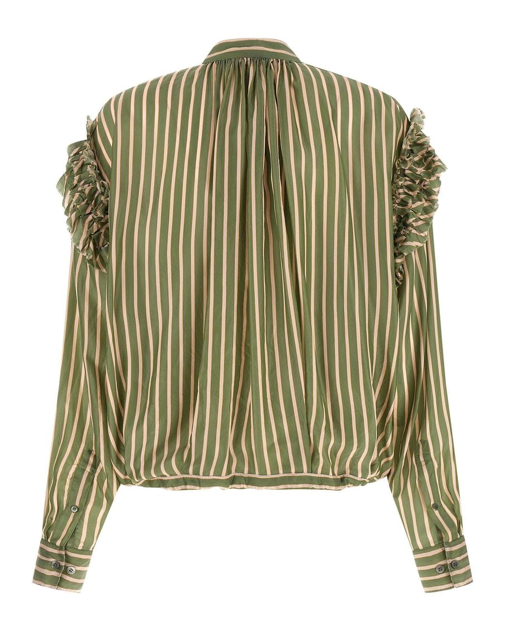 Dries Van Noten Green Striped Cupro With Ruffle Trim Shirt