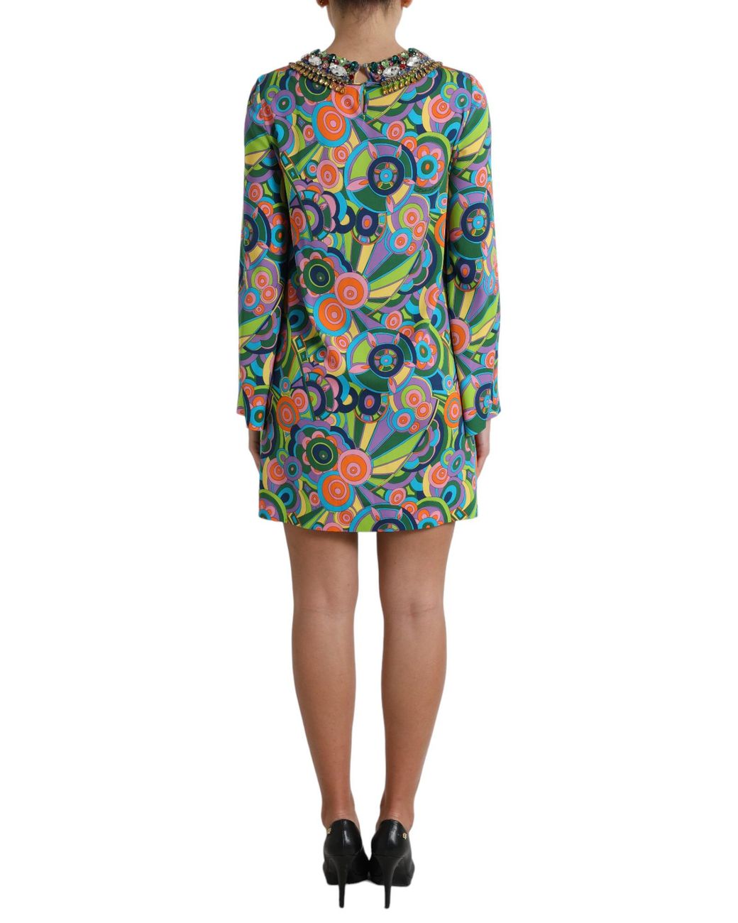 Dolce & Gabbana Green Geometric Print Silk Crystals Midi Dress
