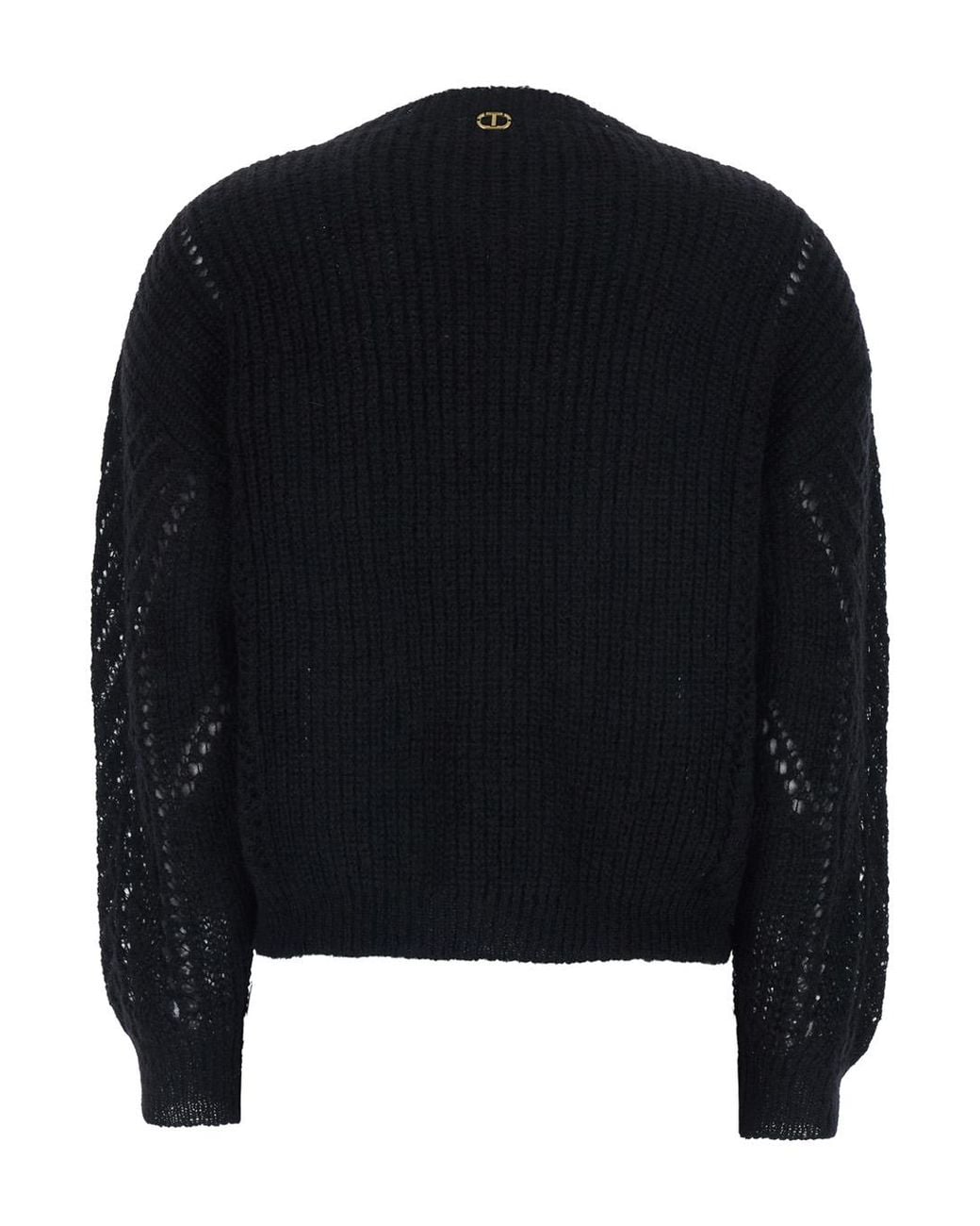 Twinset Black Crewneck Sweater With Logo Plaque On The Rear And Perforated Design