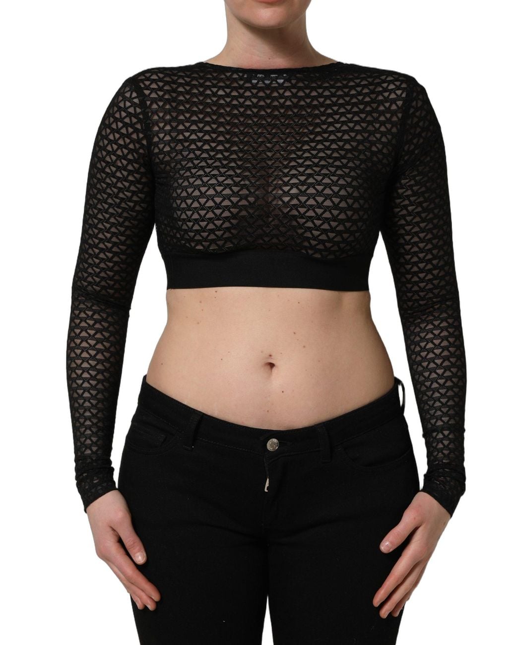 Dolce & Gabbana Black Nylon Fishnet Long Sleeve Cropped Top Acrylic Wool