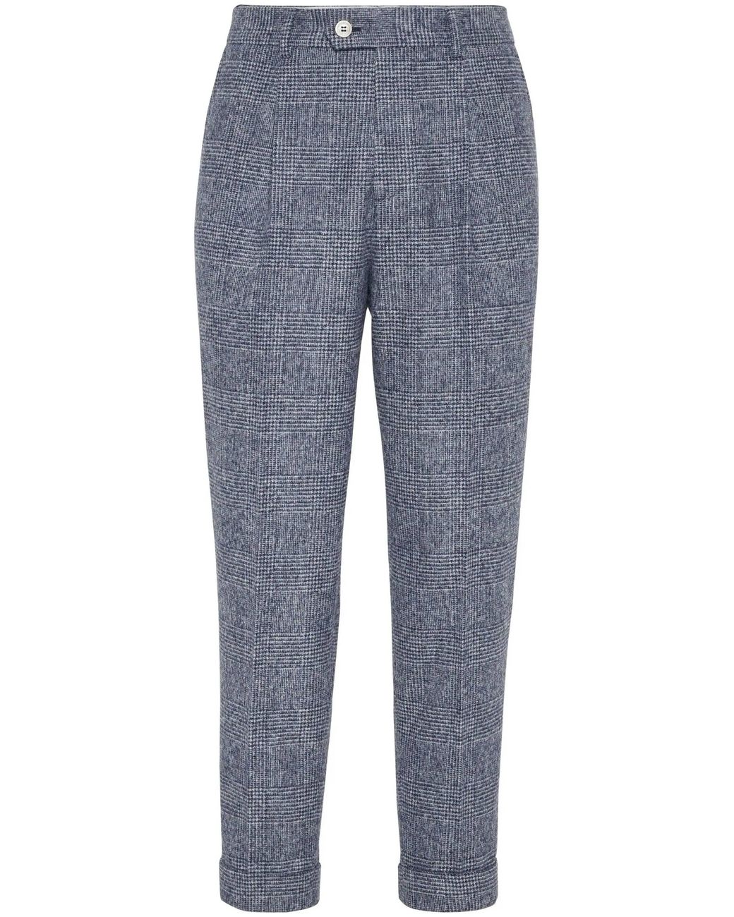 Brunello Cucinelli Blue Prince Of Wales-Check Pleated Trousers for men