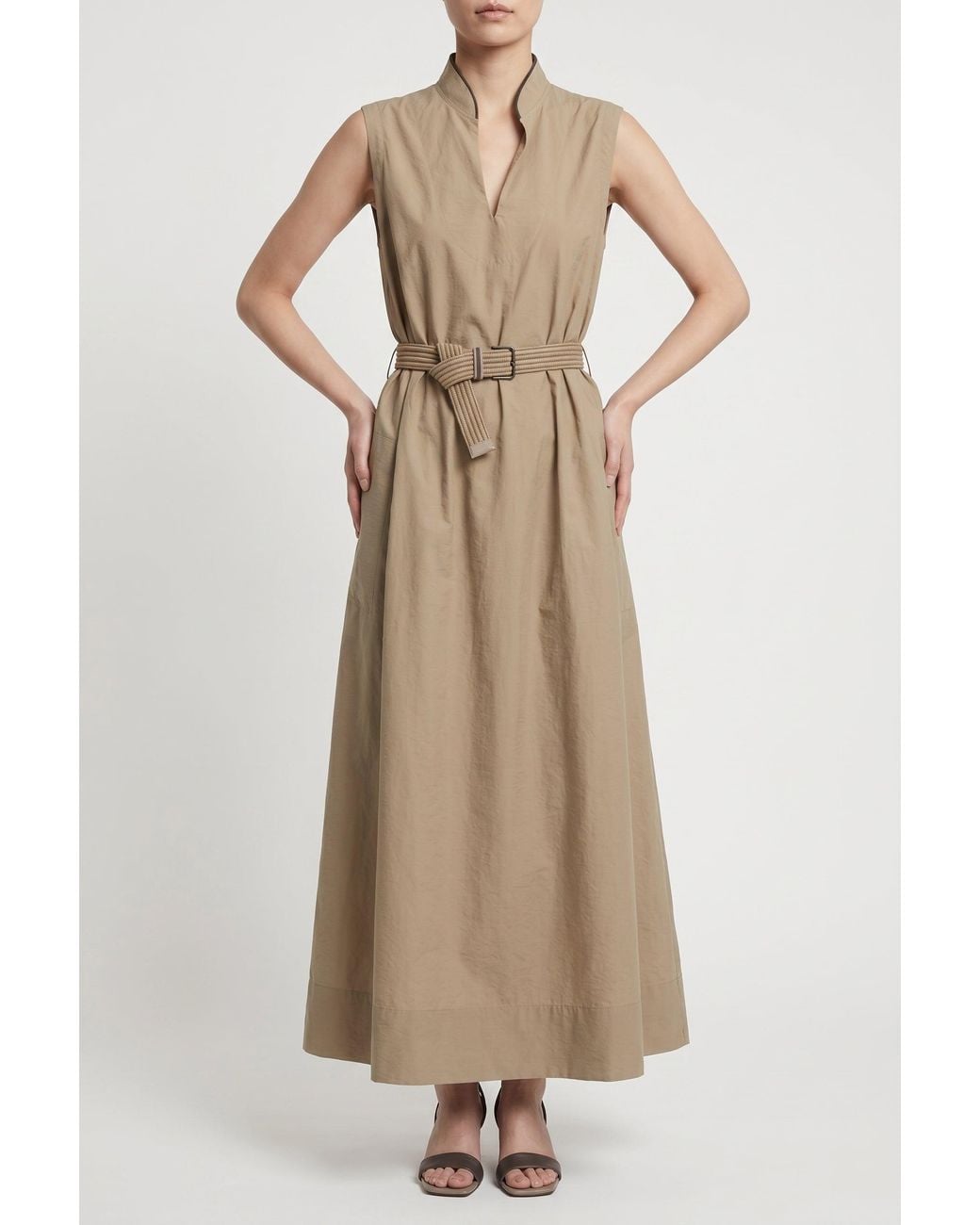 Brunello Cucinelli Natural Sleeveless Belted Dress