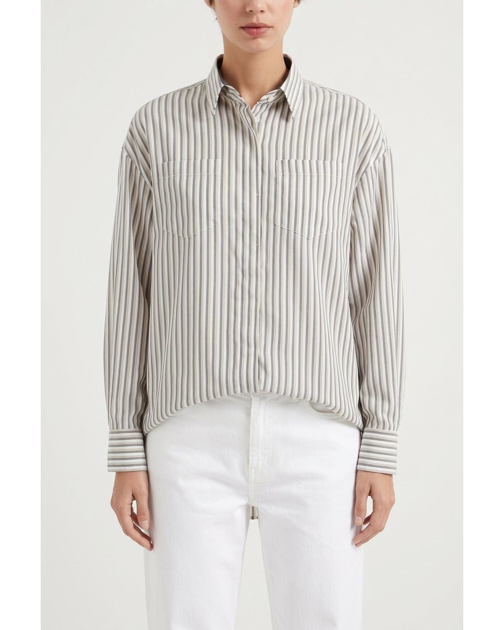 Brunello Cucinelli White Striped Silk Shirt