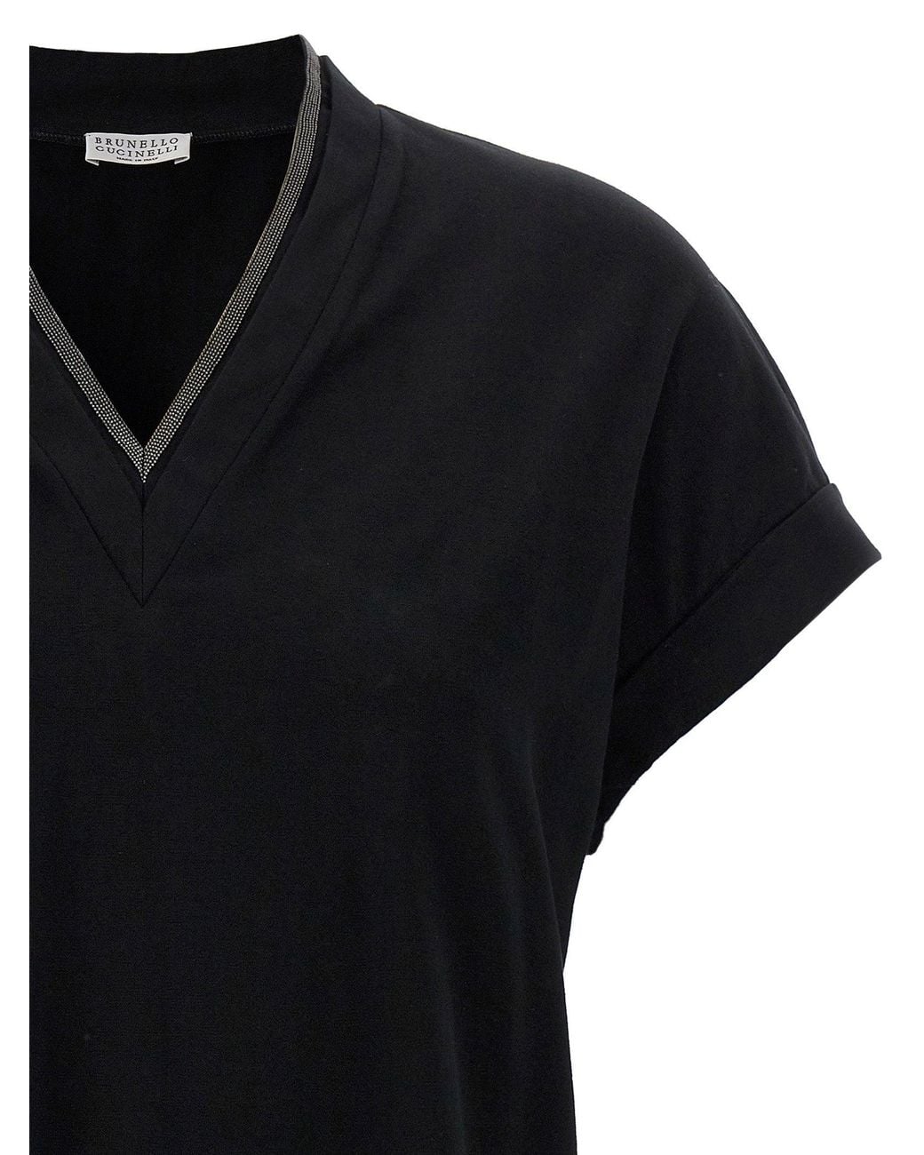 Brunello Cucinelli Black Monile-Trimmed V-Neck T-Shirt