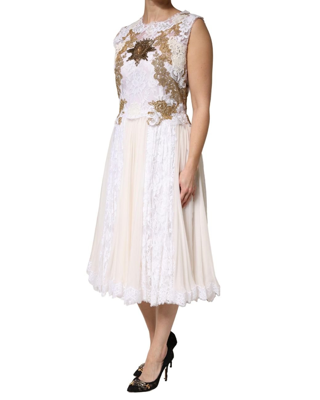Dolce & Gabbana White Ivory Lace Silk Embellished Sleeveless Dress Cotton