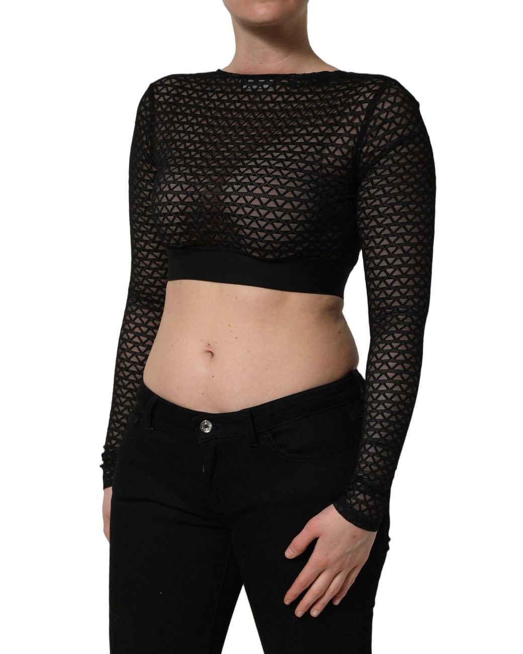 Dolce & Gabbana Black Nylon Fishnet Long Sleeve Cropped Top Acrylic Wool