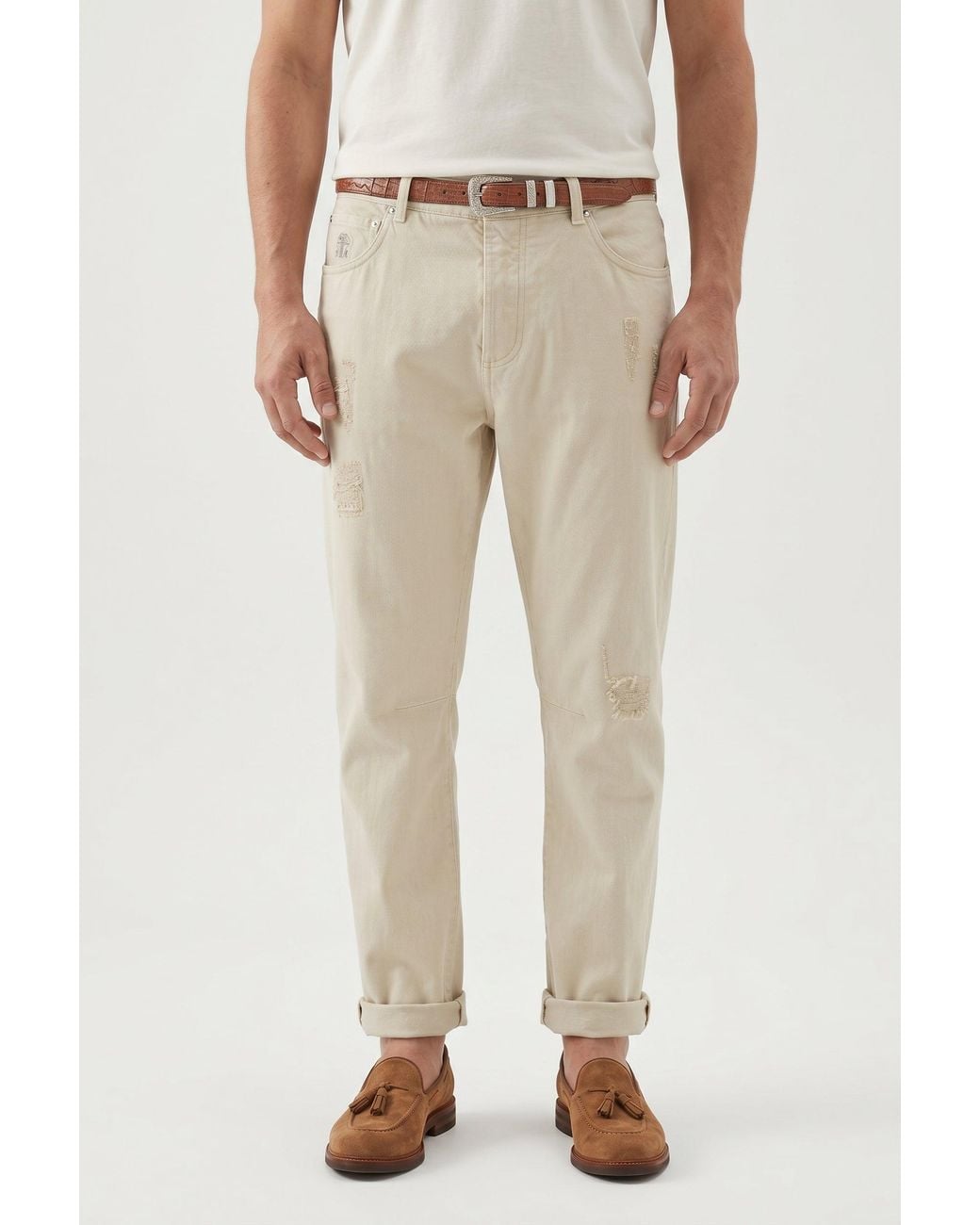 Brunello Cucinelli Natural Relaxed Cotton Trousers for men