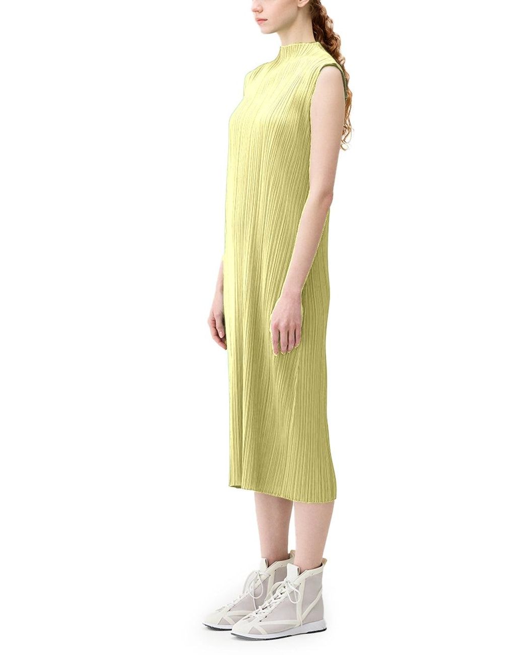 Issey Miyake Yellow Pleats Please High-Neck Dress Pale