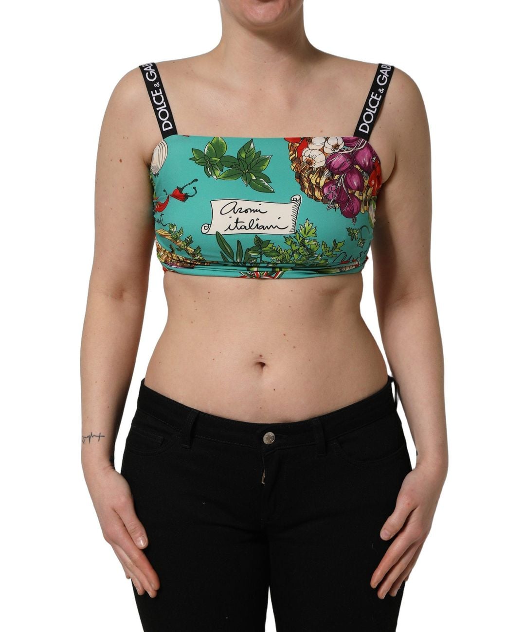Dolce & Gabbana Green Vegetable Print Silk Crop Tank Top Elastane
