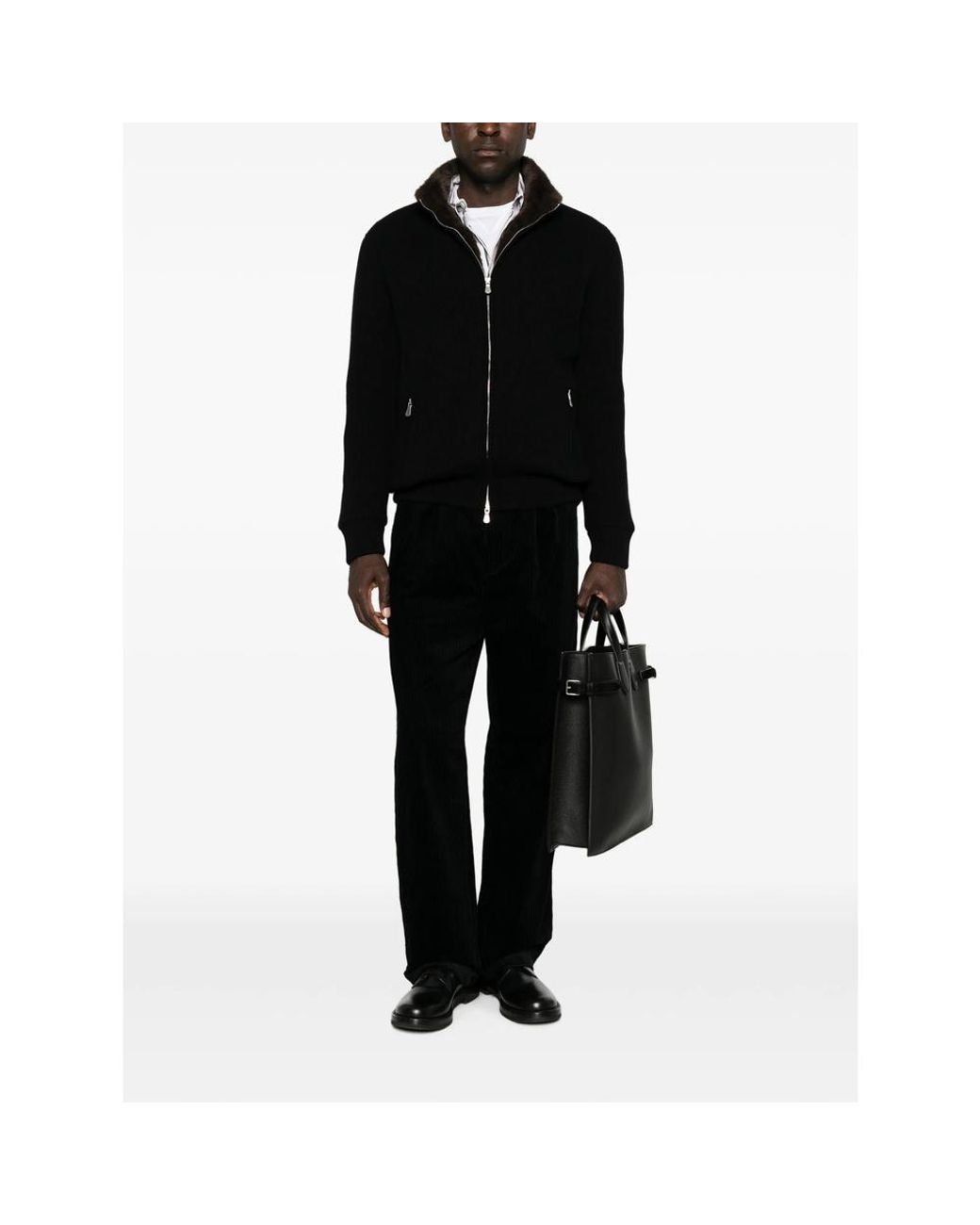 Barba Napoli Black Ribbed-Knit Faux-Fur-Trim Jacket for men