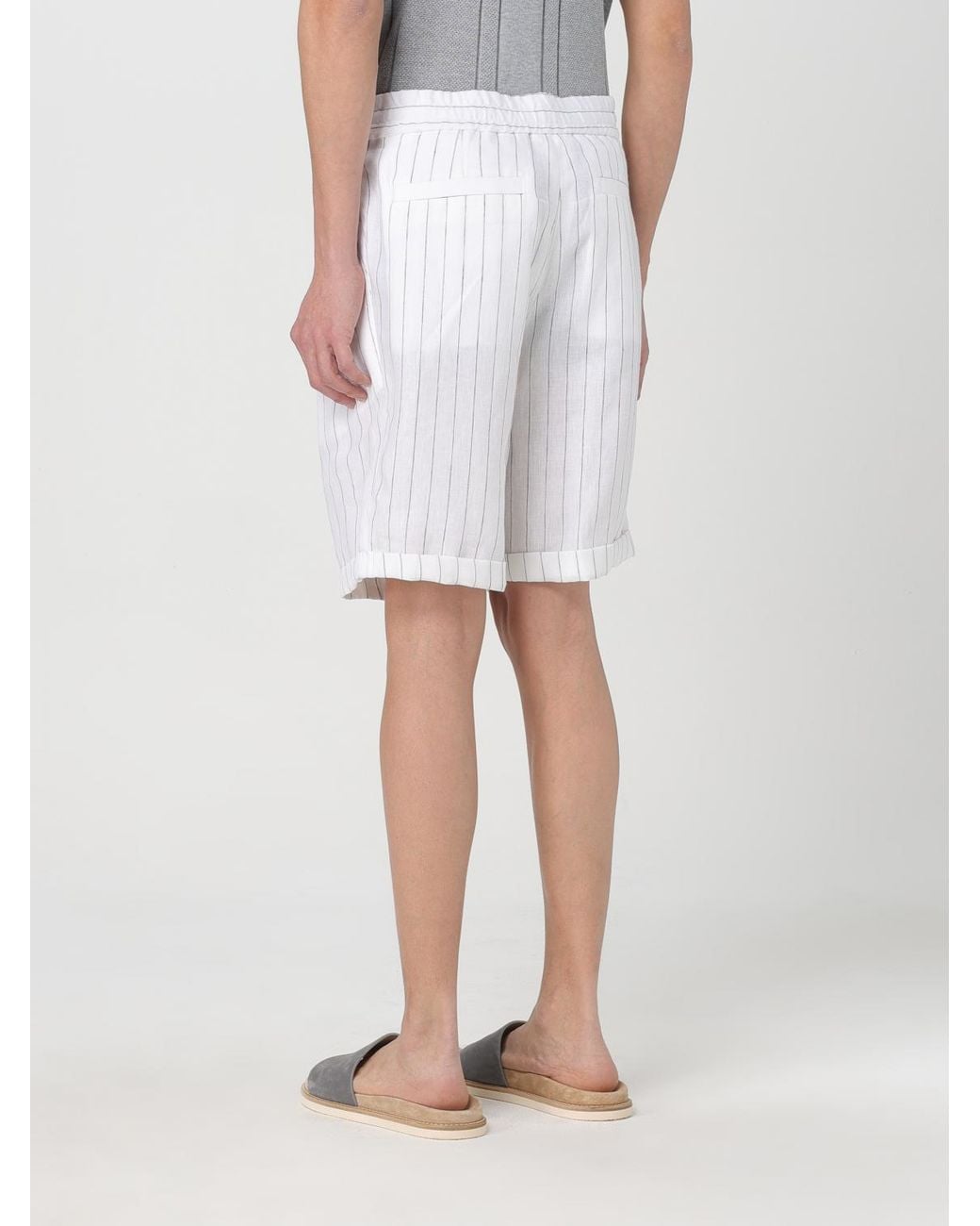Brunello Cucinelli White Linen Striped Shorts for men